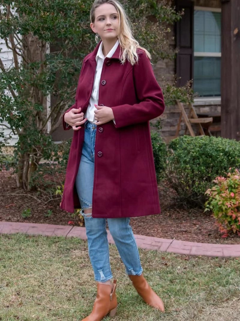 Jenkoon Women's Wool Trench Coat Winter Long Thick Overcoat Walker Coat (Wine, Small) - Image 3